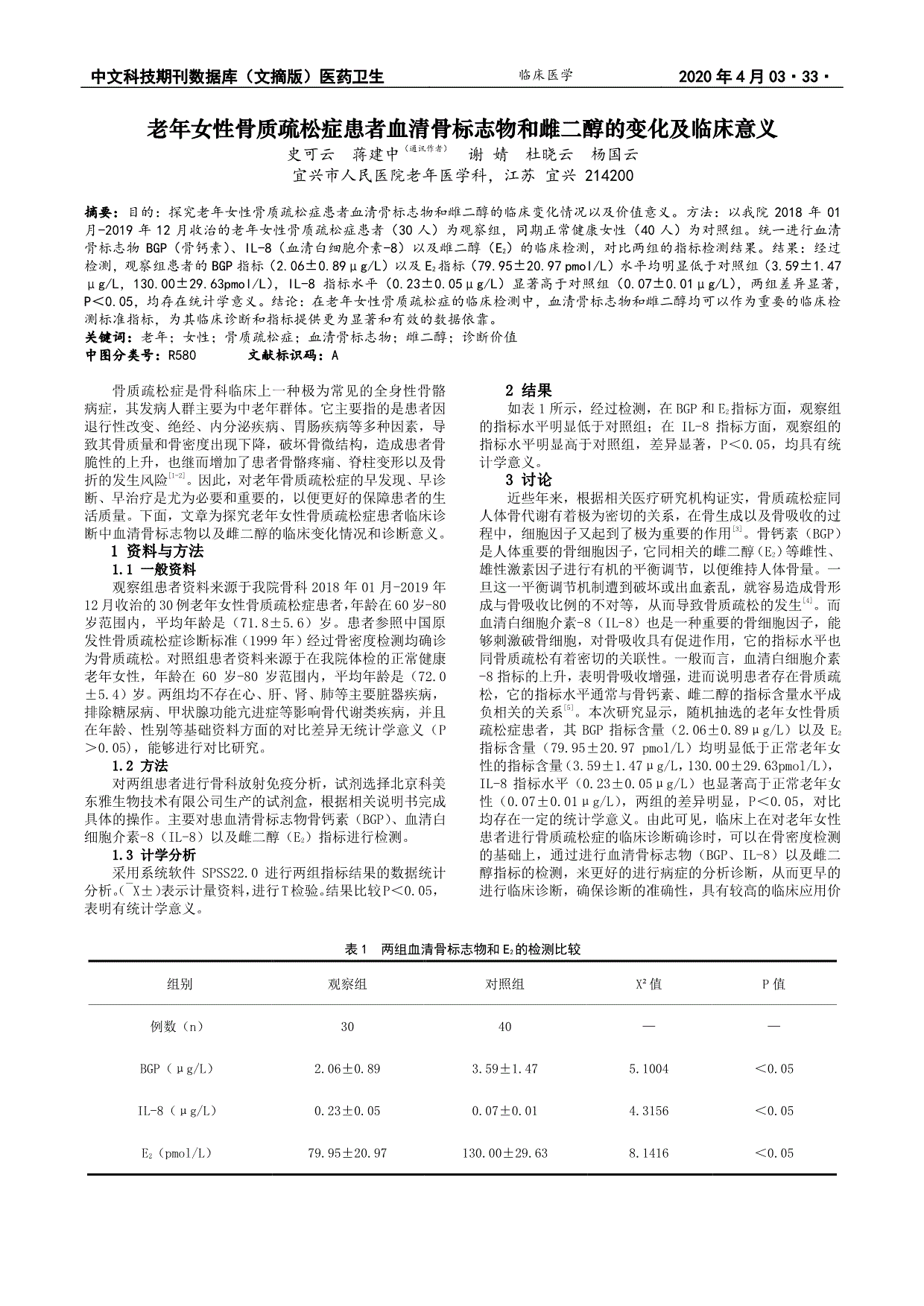 老年女性骨质疏松症患者血清骨标志物和雌二醇的变化及临床意义