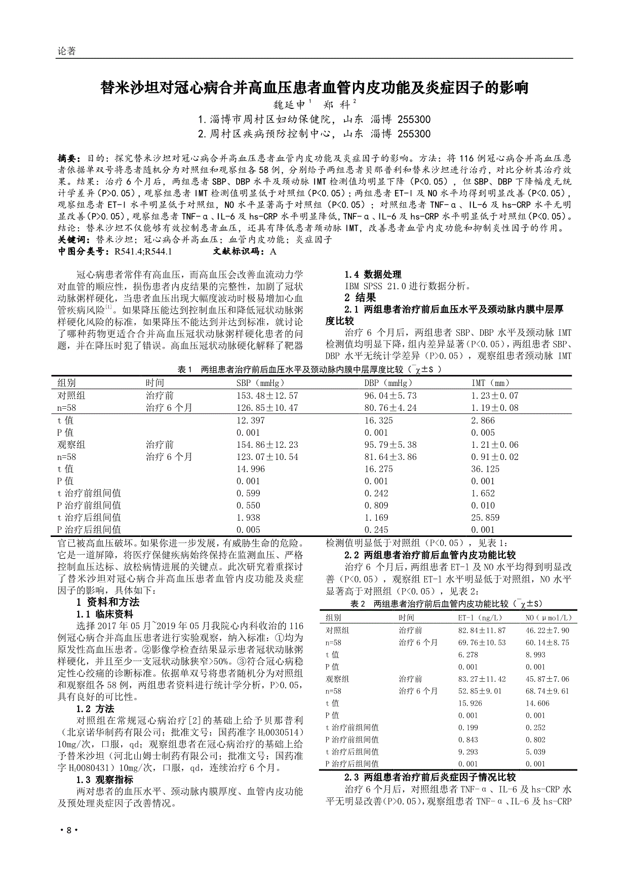 替米沙坦对冠心病合并高血压患者血管内皮功能及炎症因子的影响