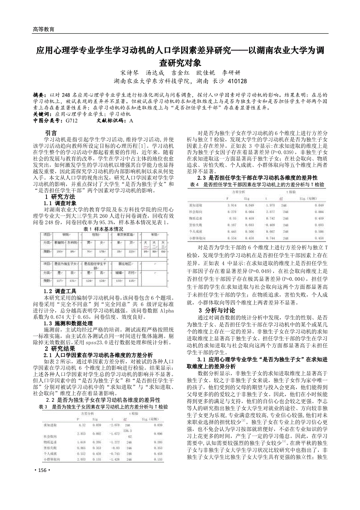 应用心理学专业学生学习动机的人口学因素差异研究以湖