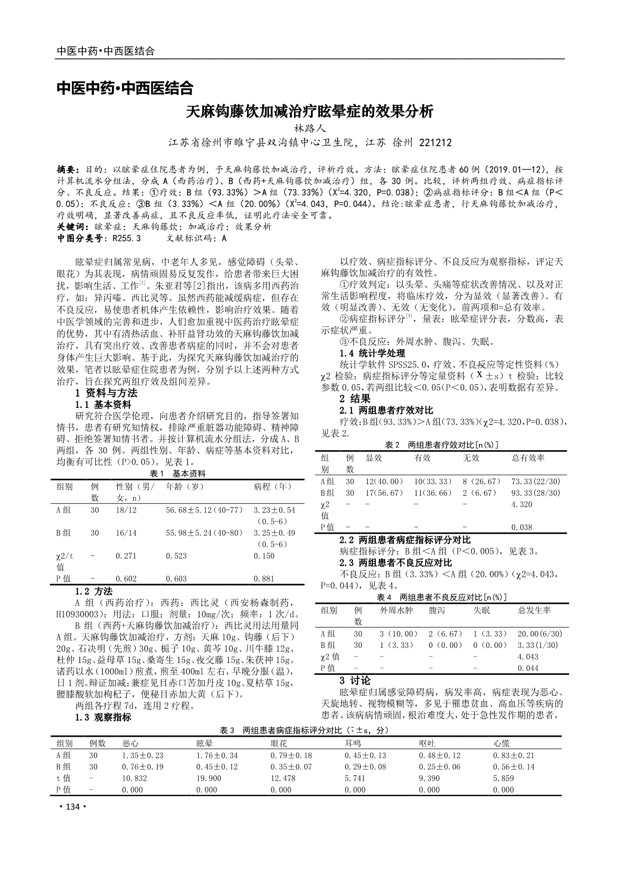 天麻钩藤饮加减治疗眩晕症的效果分析