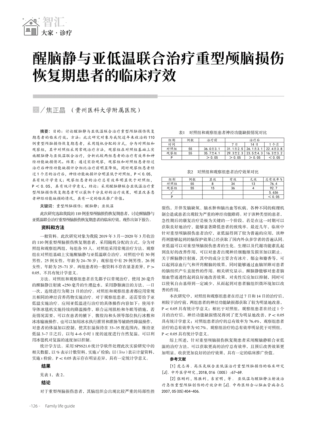 醒脑静与亚低温联合治疗重型颅脑损伤恢复期患者的临床疗效